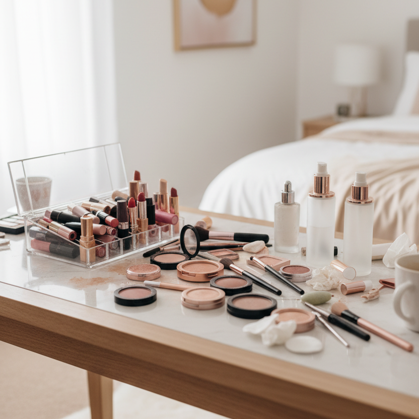 Before — Cluttered Makeup Setup