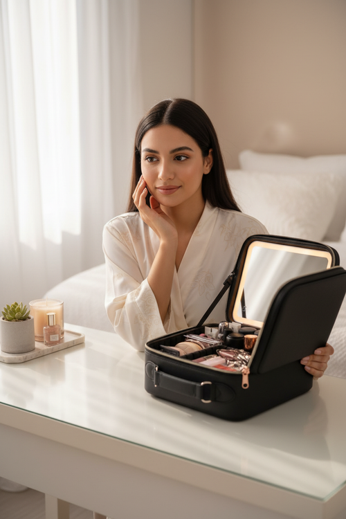 Lifestyle — Moroccan Woman Using Makeup Bag